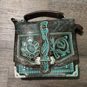 Patricia Nash Brown and Turquoise Embossed Leather Handbag